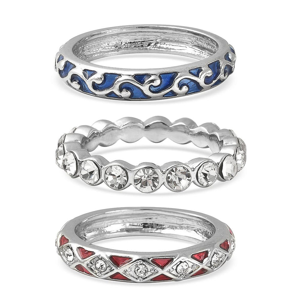 Set of 3 - White Austrian Crystal Enamelled Ring in Silver Tone, Size N