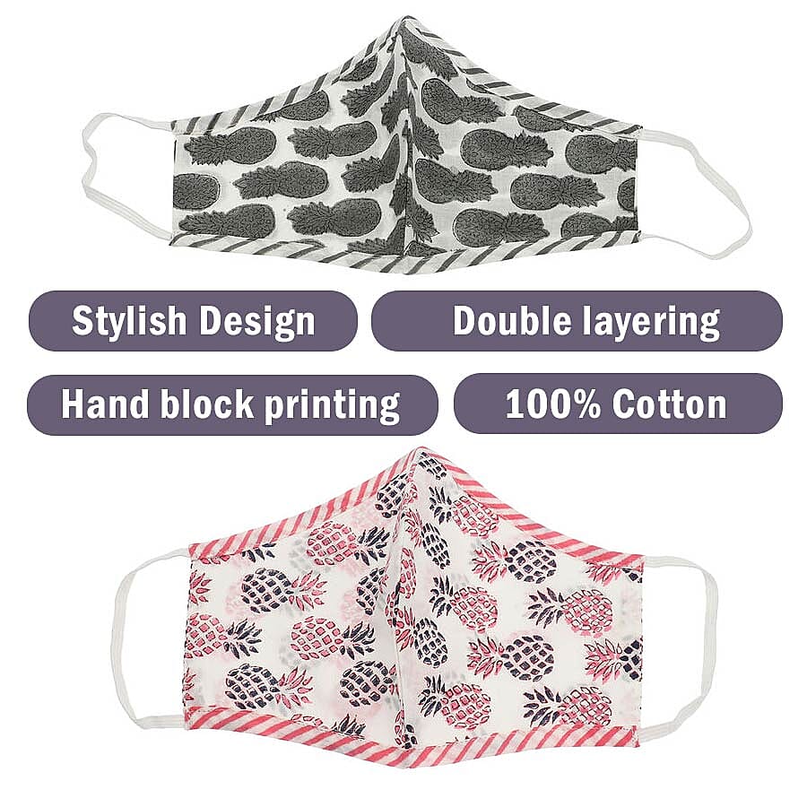 Set of 2 - 100% Cotton Hand Block Printed Reusable Double Layer Face Cover (One Size Fits All) - White and Red