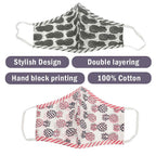 Set of 2 - 100% Cotton Hand Block Printed Reusable Double Layer Face Cover (One Size Fits All) - White and Red