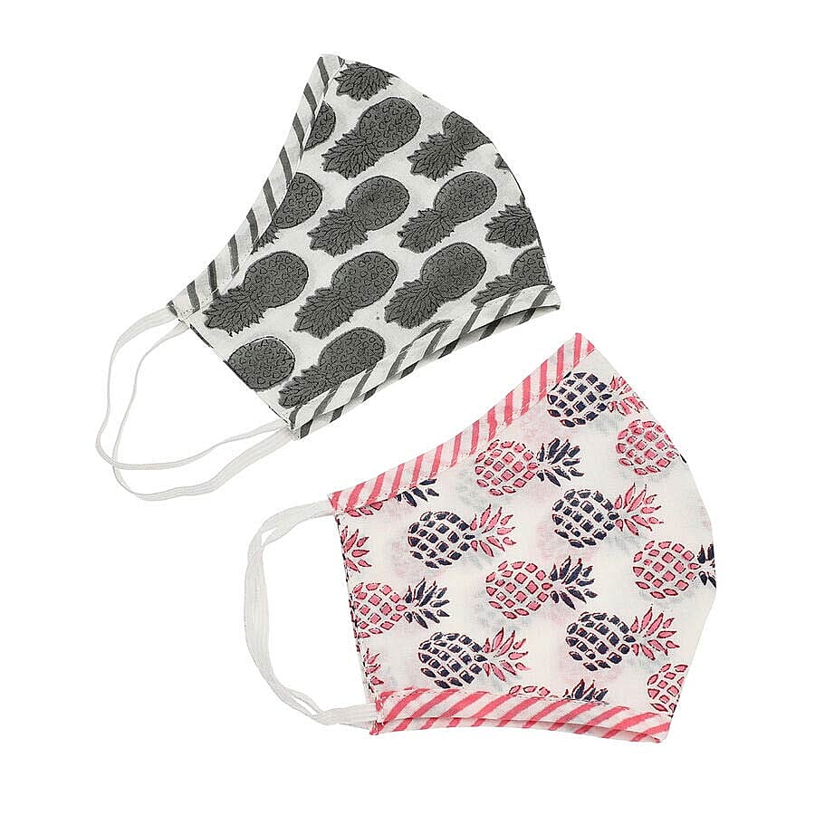 Set of 2 - 100% Cotton Hand Block Printed Reusable Double Layer Face Cover (One Size Fits All) - White and Red 3615489 3