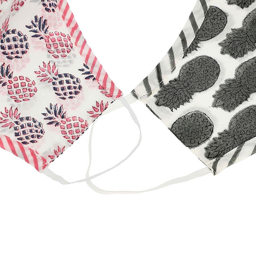 Set of 2 - 100% Cotton Hand Block Printed Reusable Double Layer Face Cover (One Size Fits All) - White and Red 3615489 4