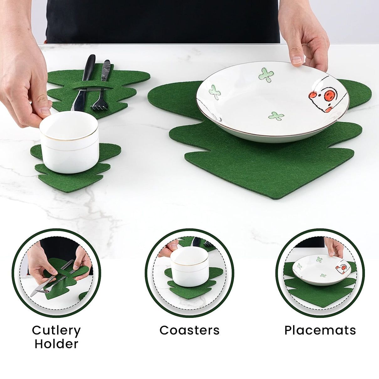 Set of 12 - Cutlery Holder, Placemats and Coaster - Green 8942103 1