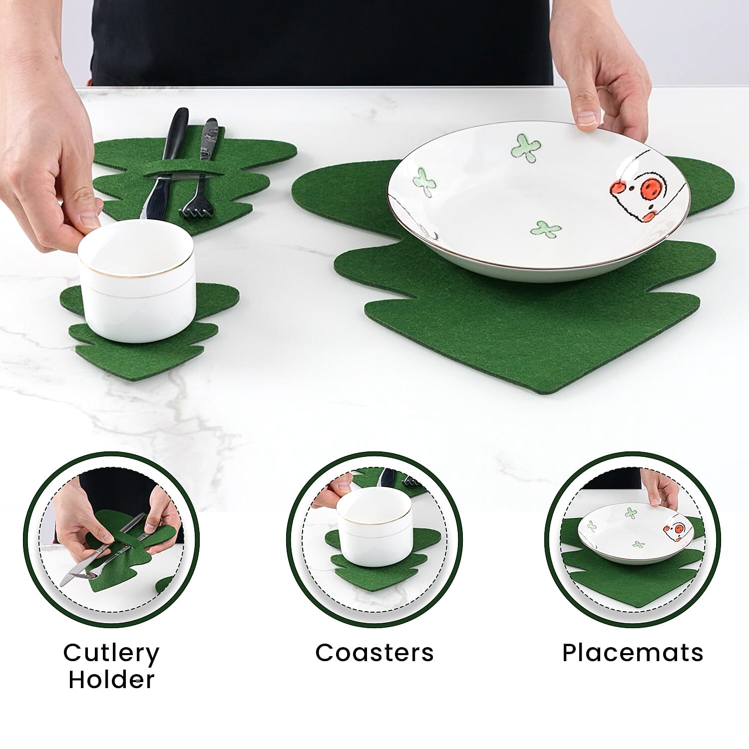 Set of 12 - Cutlery Holder, Placemats and Coaster - Green 8942103 1