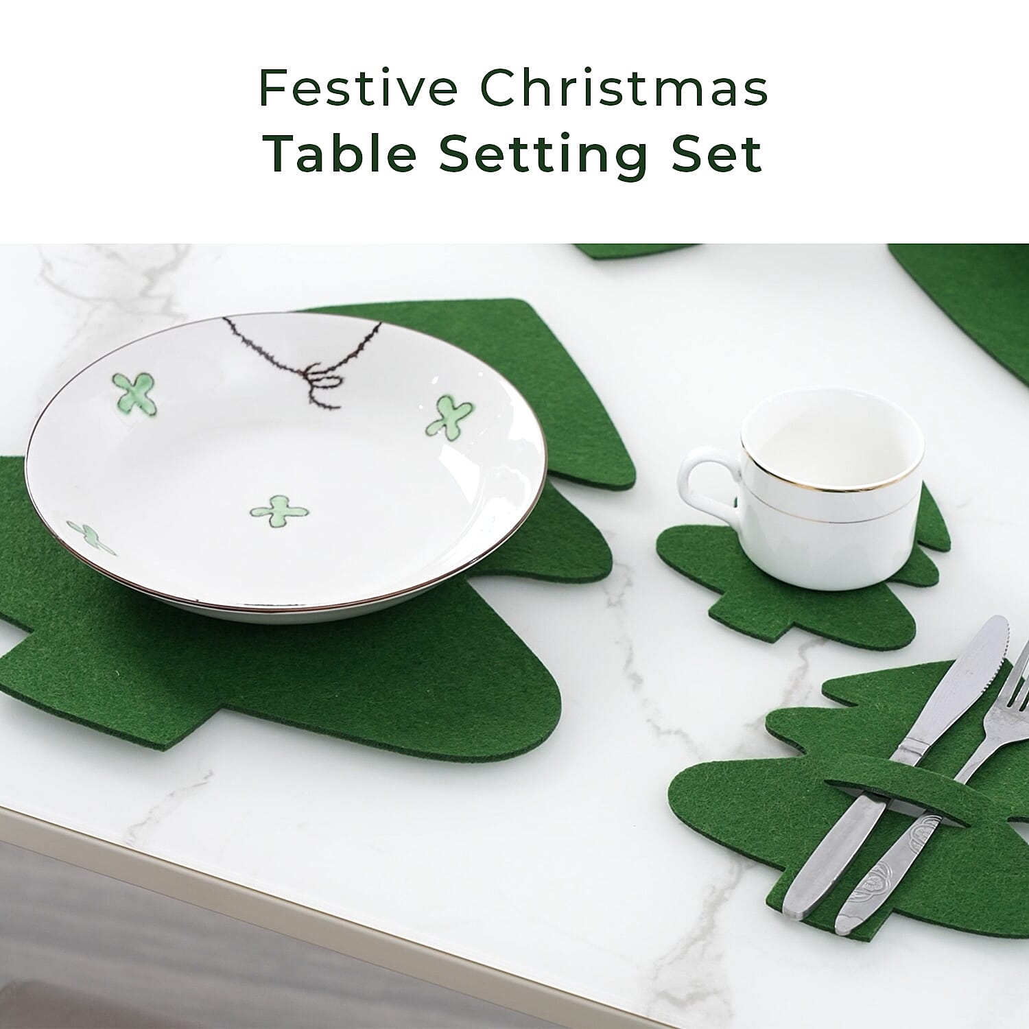 Set of 12 - Cutlery Holder, Placemats and Coaster - Green 8942103 3