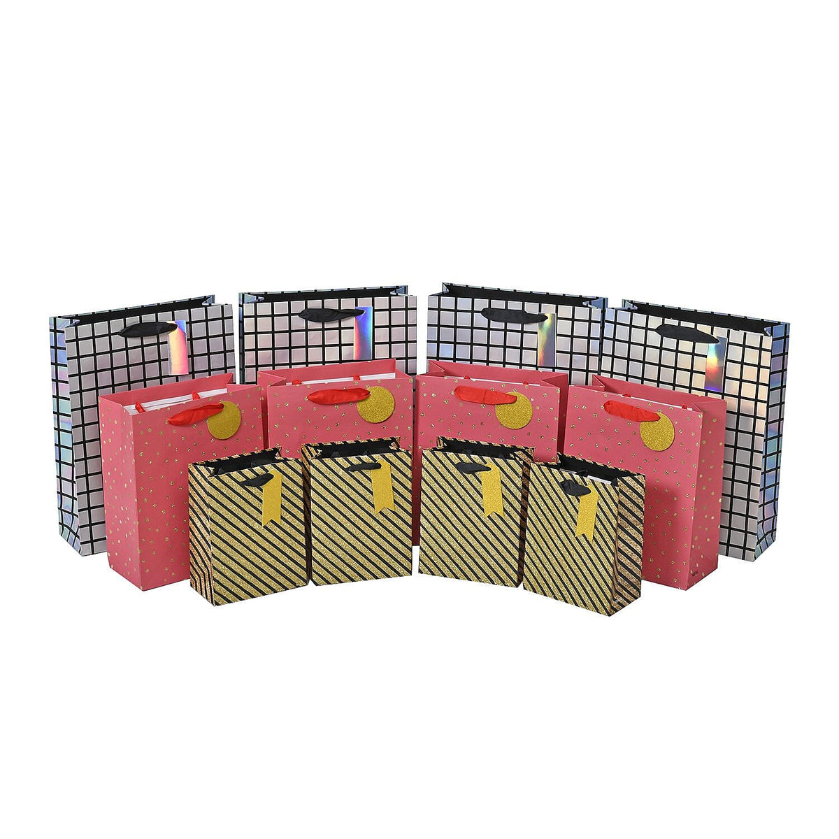 Set of 12 Eco Friendly Gift Bags with Gold Foiling Prints for All Occasions (Size - Lx4-Multi, Mx4-Red, Sx4 - Gold) 7576797 0