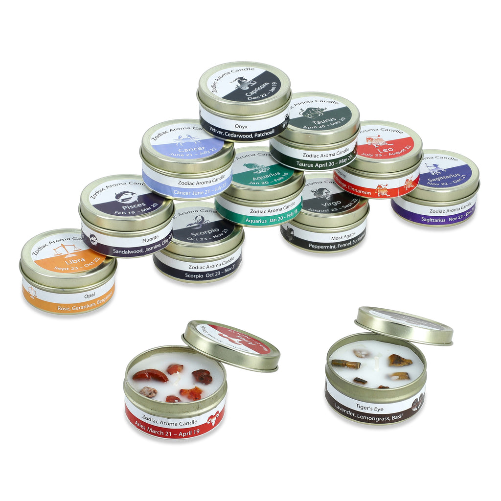 Set of 12 Zodiac Sign Scented Gemstone Candles - Each candle offers approx 10 hours of burn time