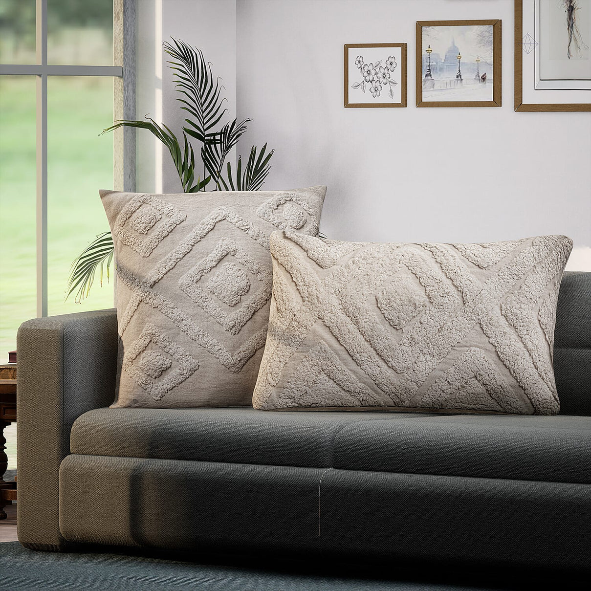 Set of 2 - 100% Cotton Cushion Cover with Tufting Work - Cream 7319163 0