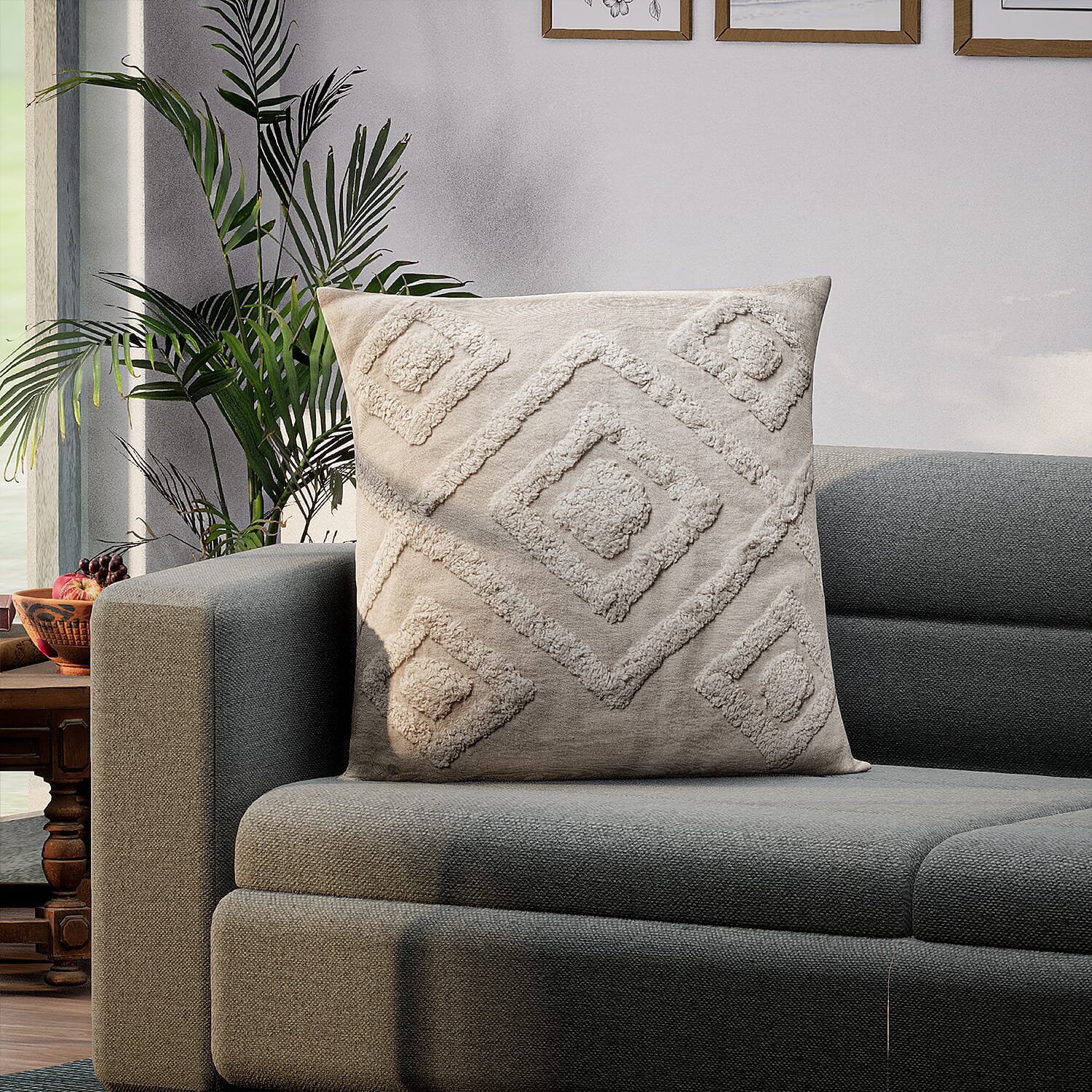 Set of 2 - 100% Cotton Cushion Cover with Tufting Work - Cream 7319163 1