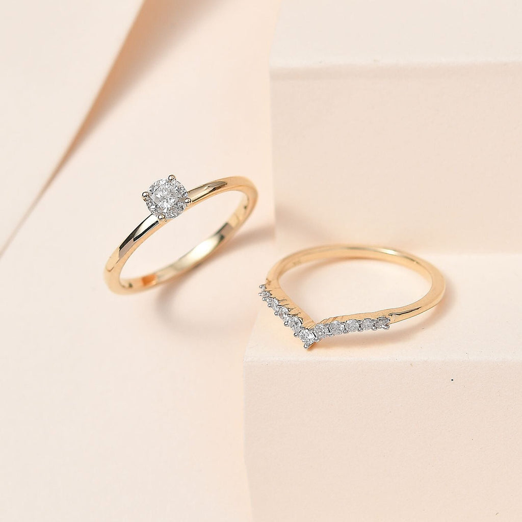 Set of 2 - 9K Yellow Gold White Diamond Band Ring 0.50 Ct, Gold Wt. 4.00 Gms