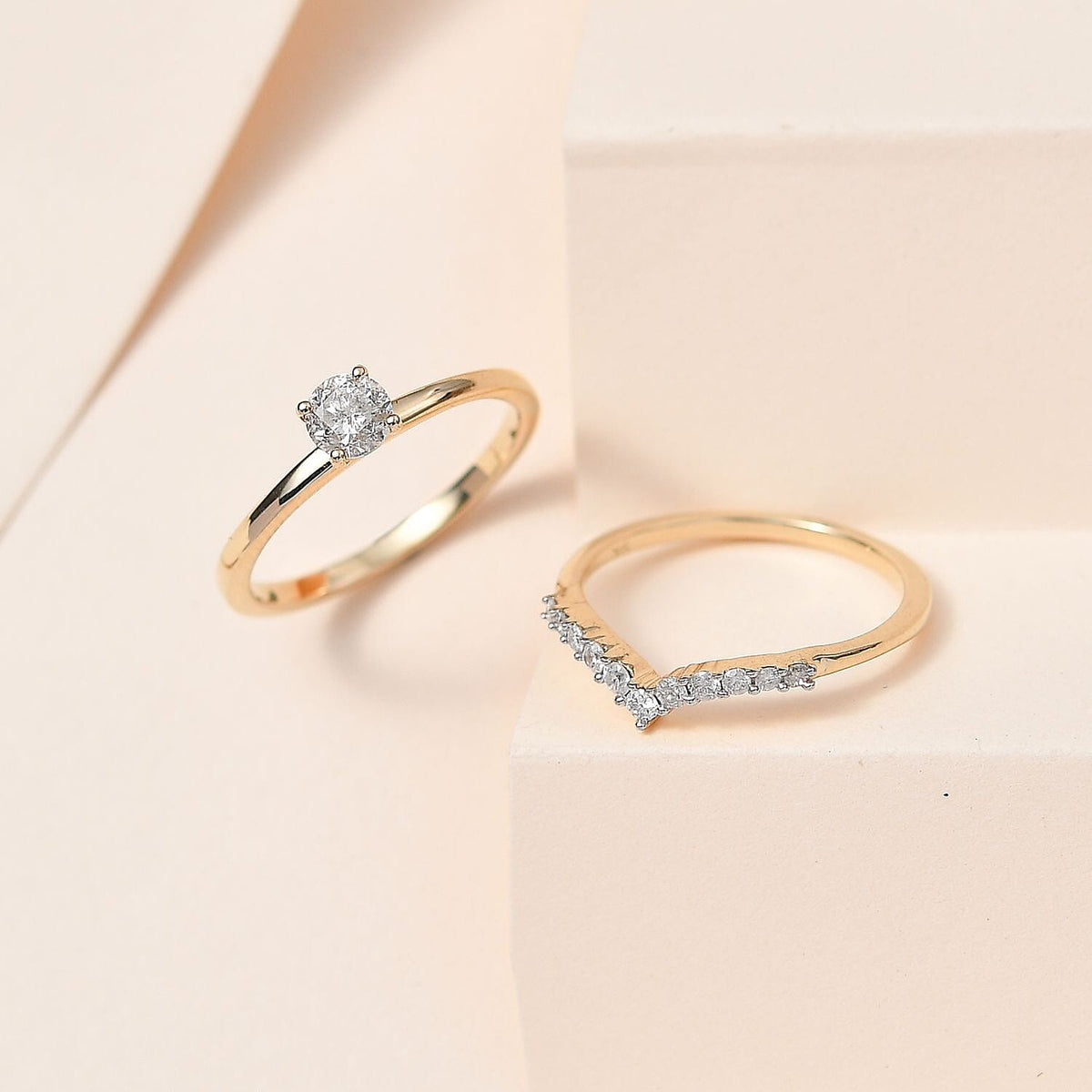 Set of 2 -  9K Yellow Gold White Diamond Solitaire and Wishbone Band Ring 4229412 1