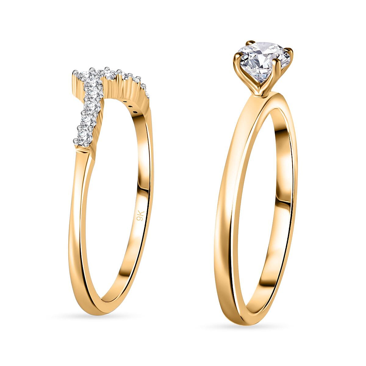 Set of 2 -  9K Yellow Gold White Diamond Solitaire and Wishbone Band Ring 4229412 3