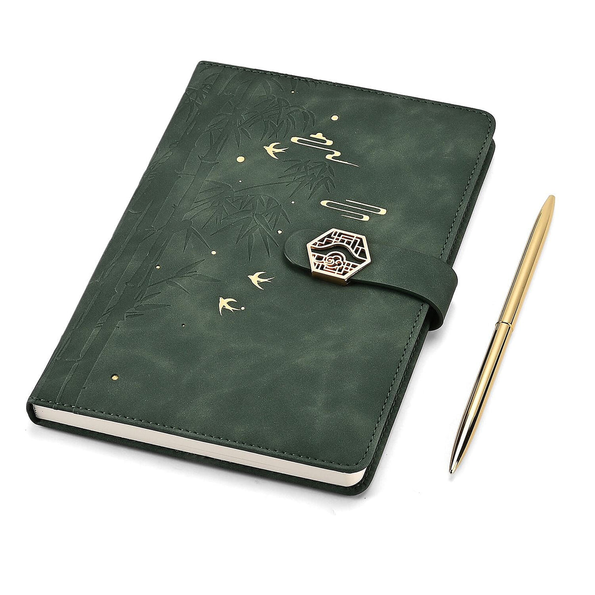 Set of 2 A5 Notebook &amp; Black Ink Pen Gift Set - Bamboo Design with Magnetic Clasp - Green &amp; Gold 8207828 0