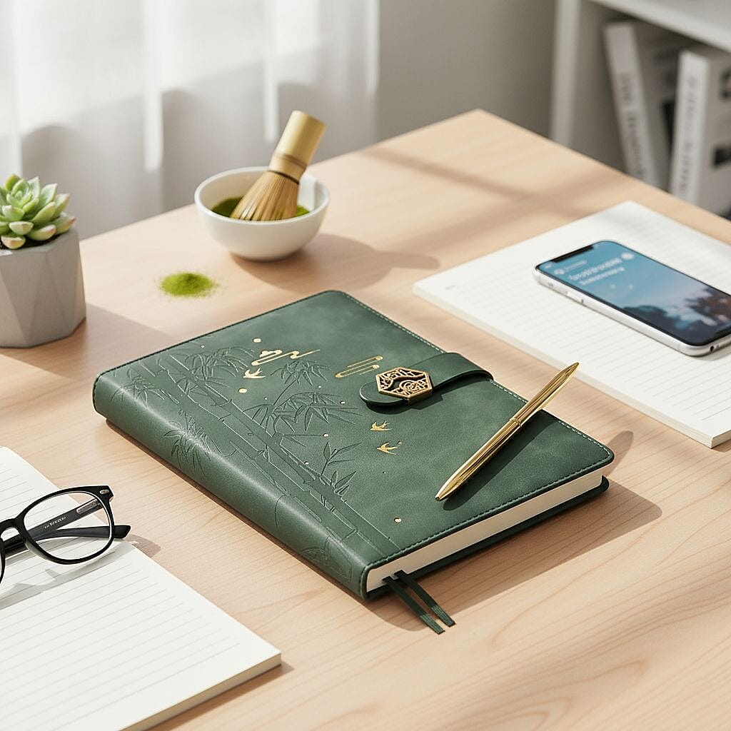 Set of 2 A5 Notebook &amp; Black Ink Pen Gift Set - Bamboo Design with Magnetic Clasp - Green &amp; Gold 8207828 2