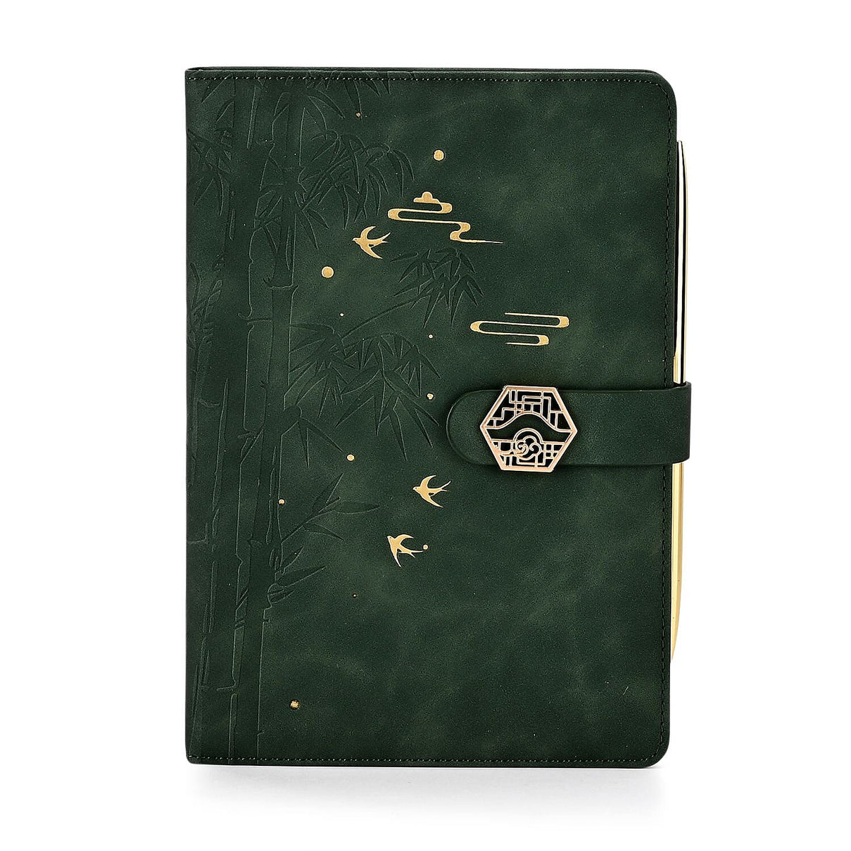 Set of 2 A5 Notebook &amp; Black Ink Pen Gift Set - Bamboo Design with Magnetic Clasp - Green &amp; Gold 8207828 3