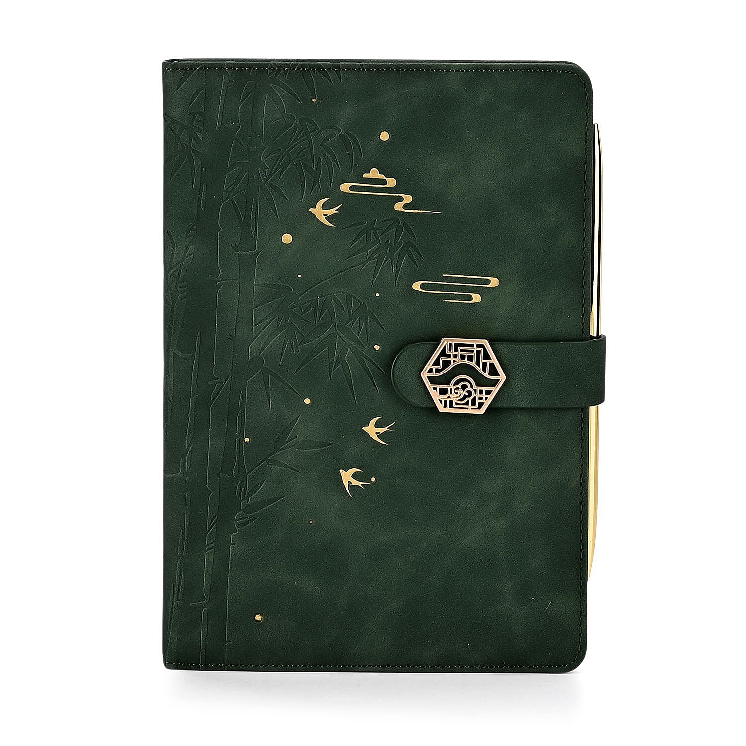 Set of 2 A5 Notebook &amp; Black Ink Pen Gift Set - Bamboo Design with Magnetic Clasp - Green &amp; Gold 8207828 3