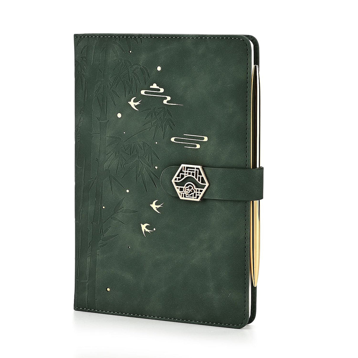 Set of 2 A5 Notebook &amp; Black Ink Pen Gift Set - Bamboo Design with Magnetic Clasp - Green &amp; Gold 8207828 4