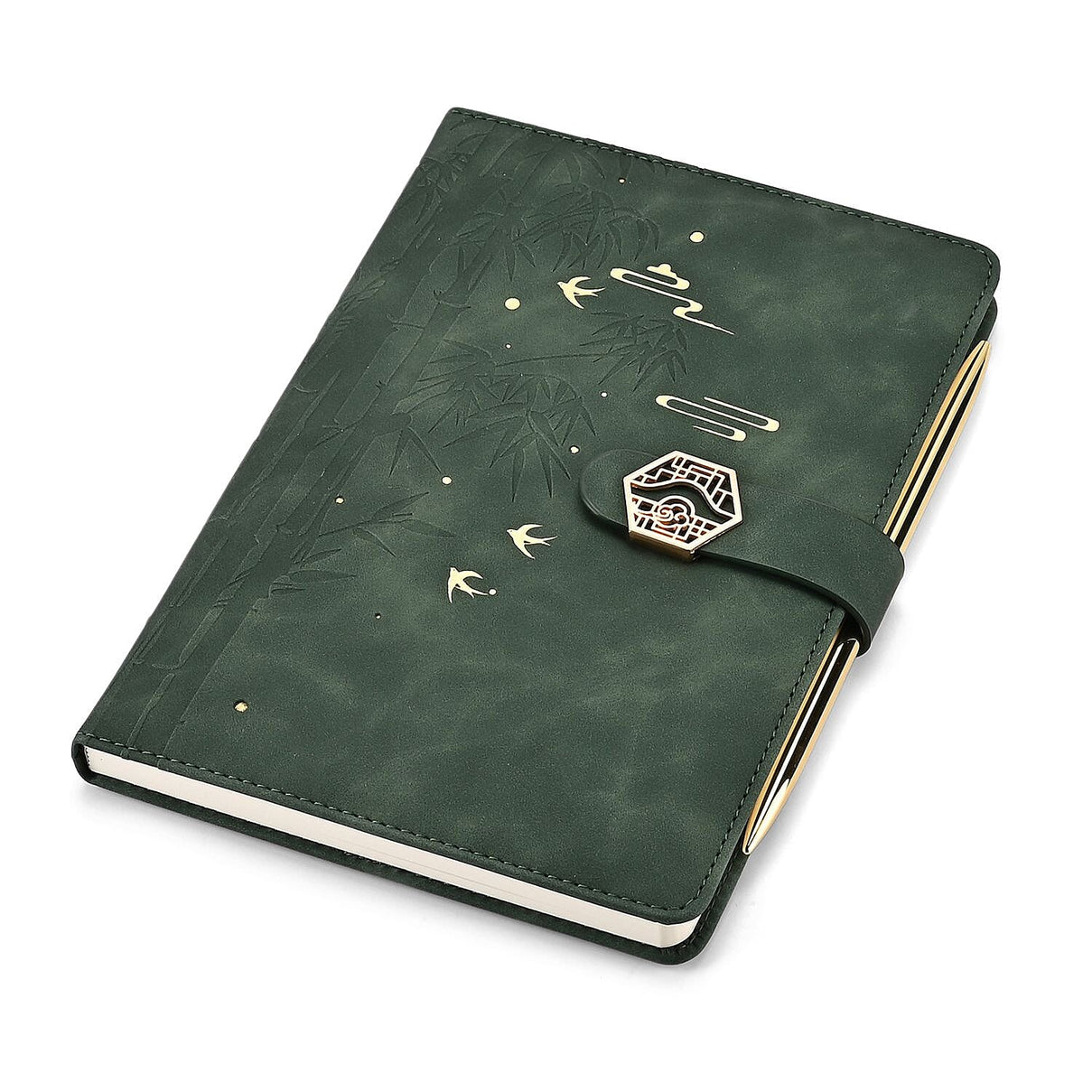 Set of 2 A5 Notebook &amp; Black Ink Pen Gift Set - Bamboo Design with Magnetic Clasp - Green &amp; Gold 8207828 6
