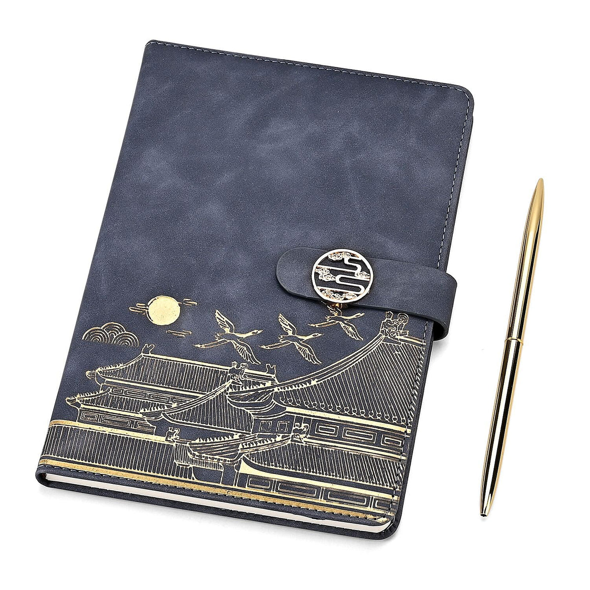 Set of 2 A5 Notebook &amp; Black Ink Pen Gift Set - Haze Blue Sky Altar Design with Magnetic Clasp - Grey &amp; Gold 8207851 0