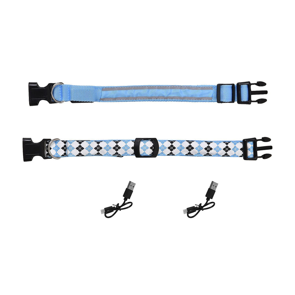 Rechargeable Set of 2 Adjustable LED Lighted Dog Collar with Clip Closure (Size S) - Blue