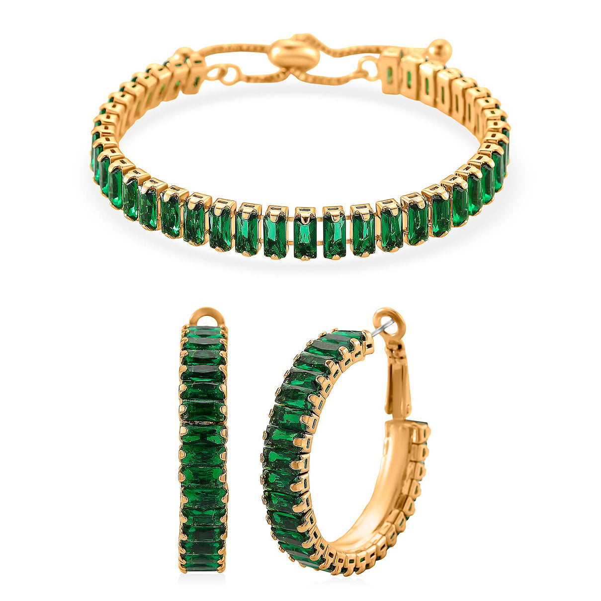 Set of 2 - Austrian Green Crystal Adjustable Bracelet (Size 6.5-9.5) &amp; Earring with Clasp 11.00 Ct. 4421521 0