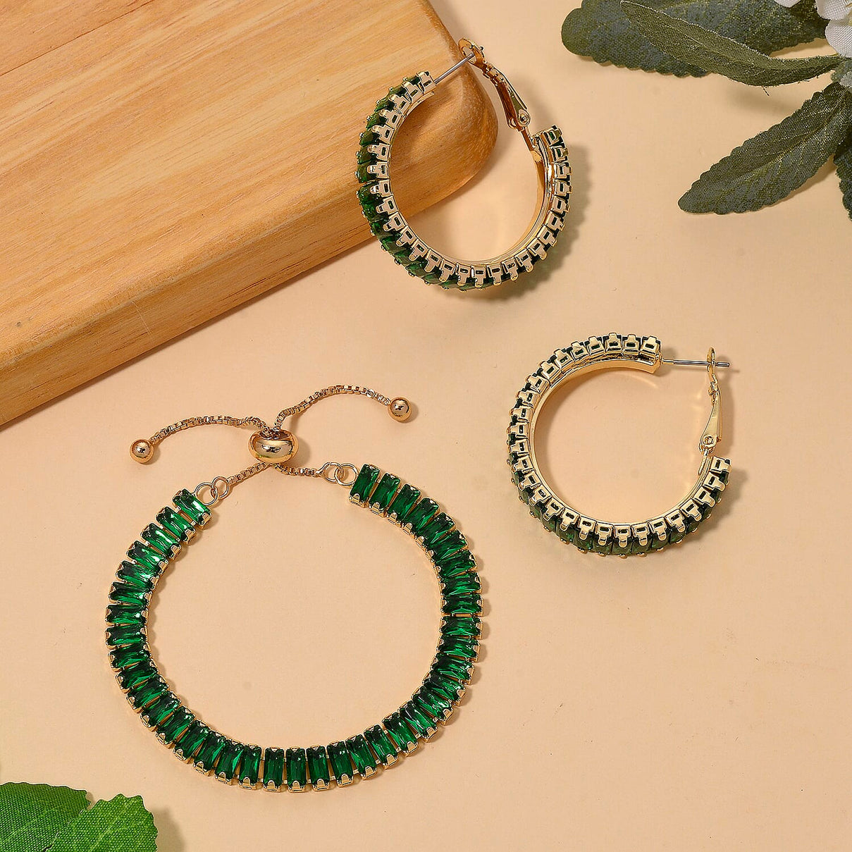 Set of 2 - Austrian Green Crystal Adjustable Bracelet (Size 6.5-9.5) &amp; Earring with Clasp 11.00 Ct. 4421521 2