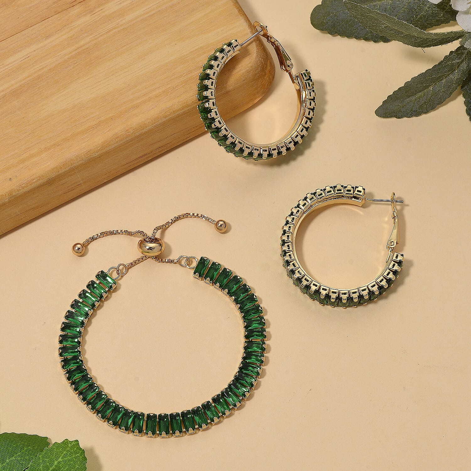 Set of 2 - Austrian Green Crystal Adjustable Bracelet (Size 6.5-9.5) &amp; Earring with Clasp 11.00 Ct. 4421521 2