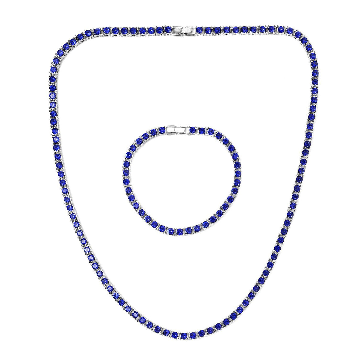 Set of 2 - Blue Crystal Tennis Necklace (Size - 20) &amp; Bracelet (Size - 7.5) in Silver Tone V32515630 0