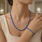 Set of 2 - Blue Crystal Necklace (Size - 20) & Tennis Bracelet (Size - 7.5) in Silver Tone