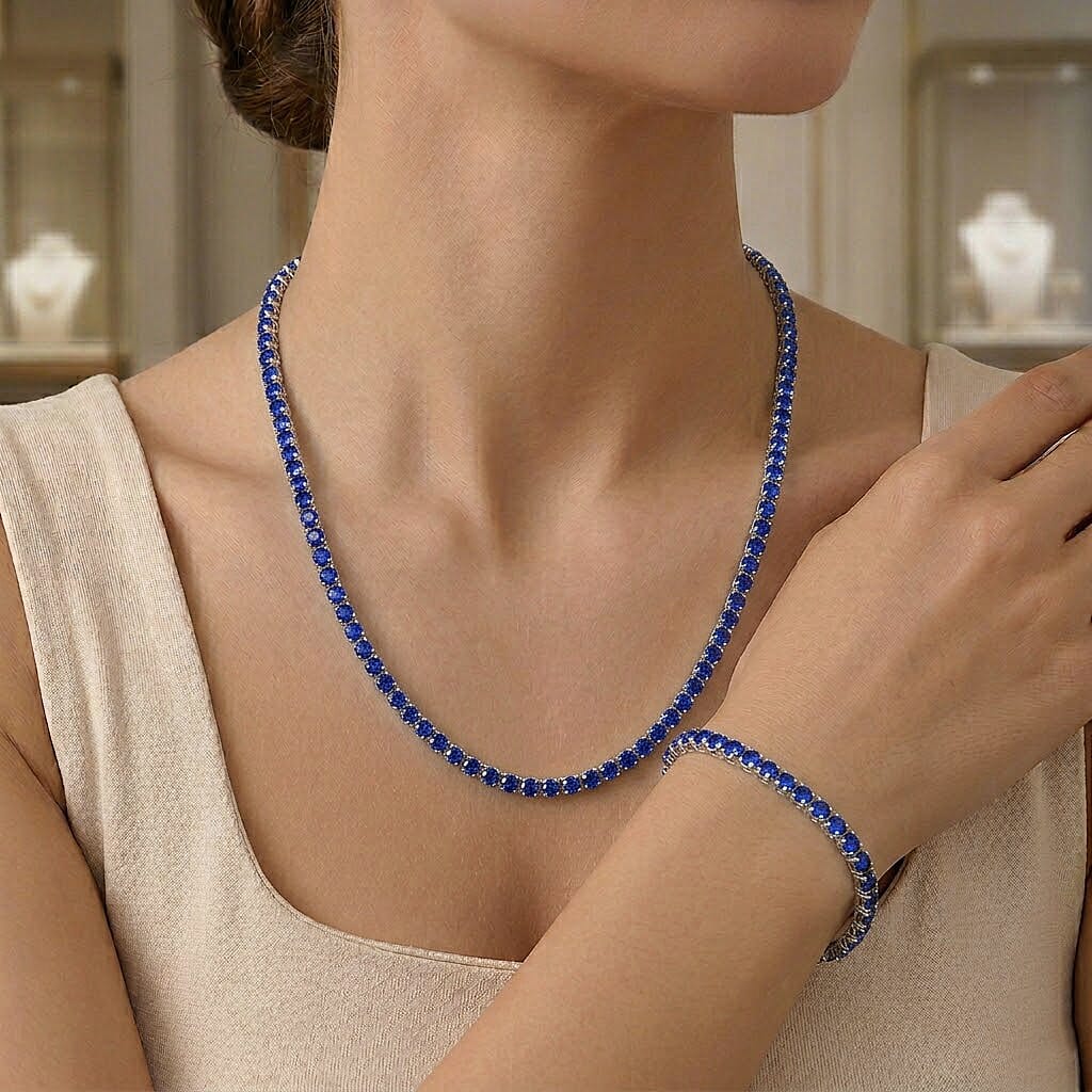 Set of 2 - Blue Crystal Tennis Necklace (Size - 20) &amp; Bracelet (Size - 7.5) in Silver Tone V32515630 2