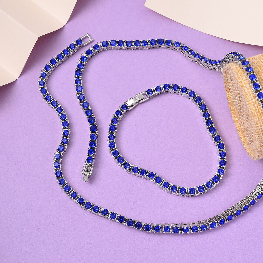 Set of 2 - Blue Crystal Necklace (Size - 20) & Tennis Bracelet (Size - 7.5) in Silver Tone