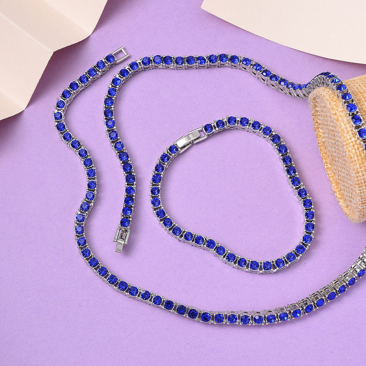 Set of 2 - Blue Crystal Tennis Necklace (Size - 20) &amp; Bracelet (Size - 7.5) in Silver Tone V32515630 3