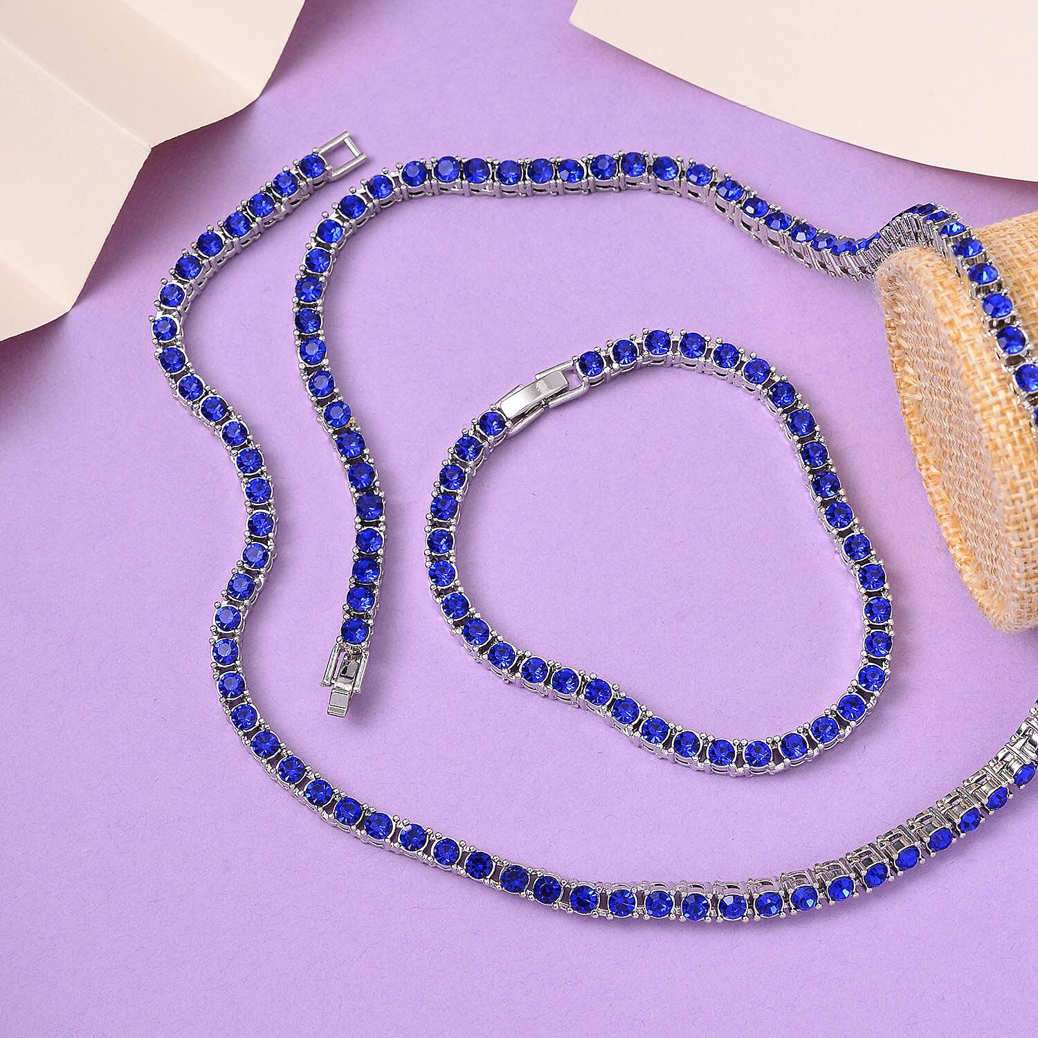 Set of 2 - Blue Crystal Tennis Necklace (Size - 20) &amp; Bracelet (Size - 7.5) in Silver Tone V32515630 3