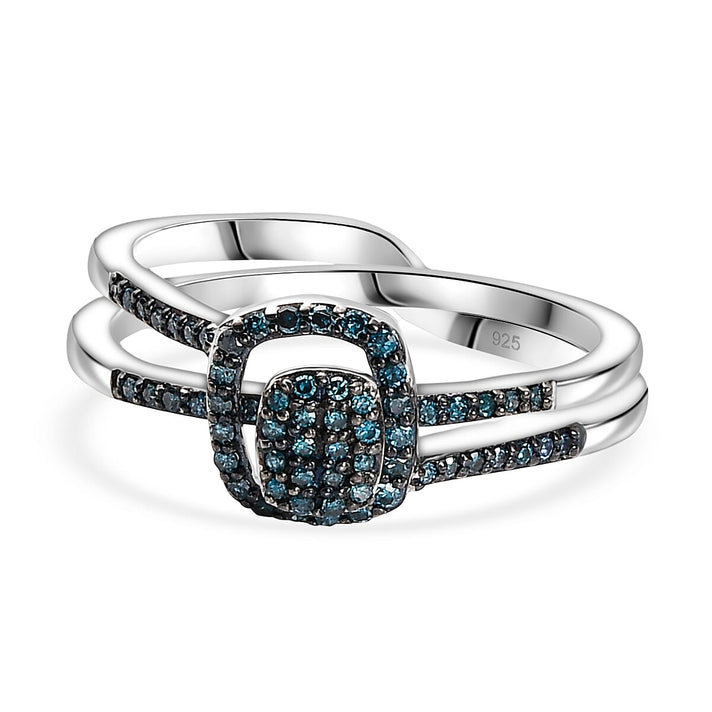 Set of 2 - Blue Diamond Band Ring in Rhodium Overlay Sterling Silver 4324558 1