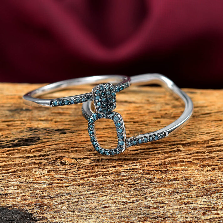 Set of 2 - Blue Diamond Band Ring in Rhodium Overlay Sterling Silver 4324558 2