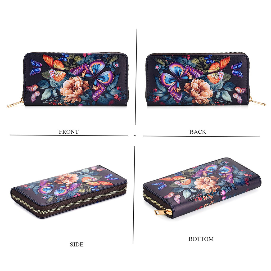 Set of 2- Butterfly Print Zip-Around Wallet & Clutch - Purple & Blue
