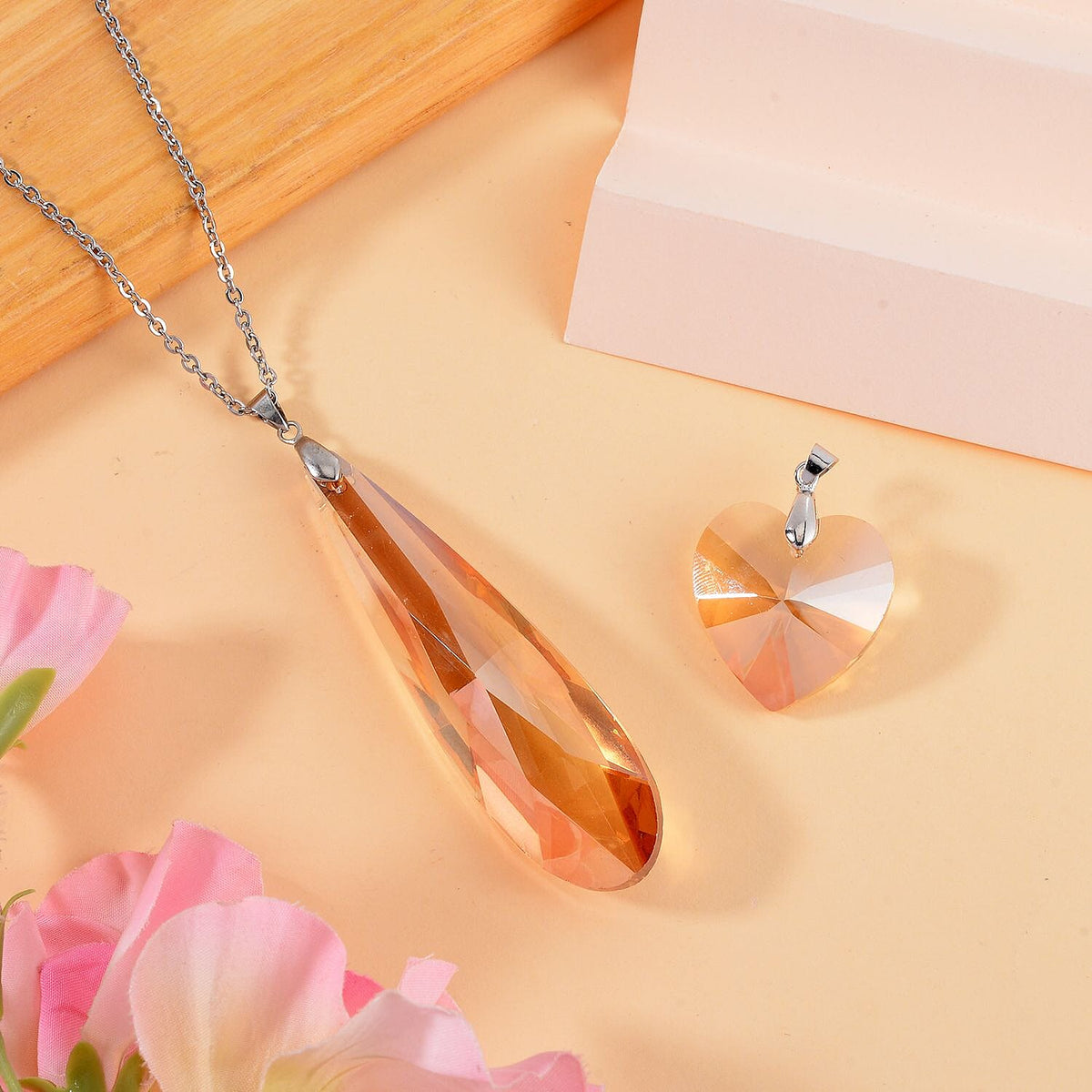 Set of 2 - Champagne Austrian Crystal Pendant with Chain (Size 23-2 Inch Ext.) 4236933 1