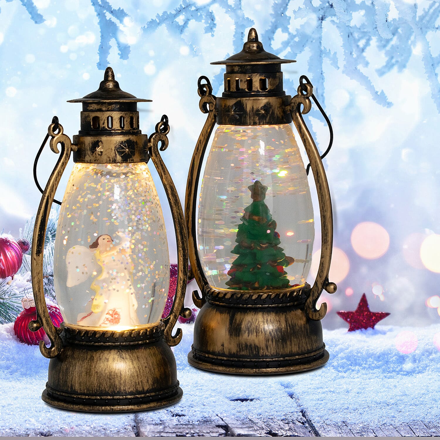 Set of 2 Christmas Tree Scene Light Up Lantern - Brown 7552007 2