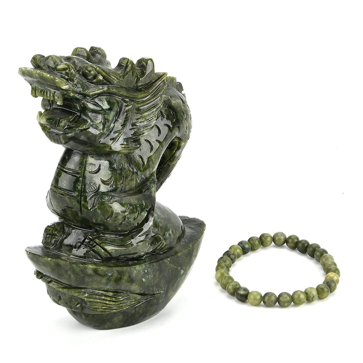 Set of 2 Collectors Edition - Serpentine (Chinese Jade) Carved Dragon Figurine with Bracelet (Size 7.5 Strechable) 7295.00 Ct. 4437808 1