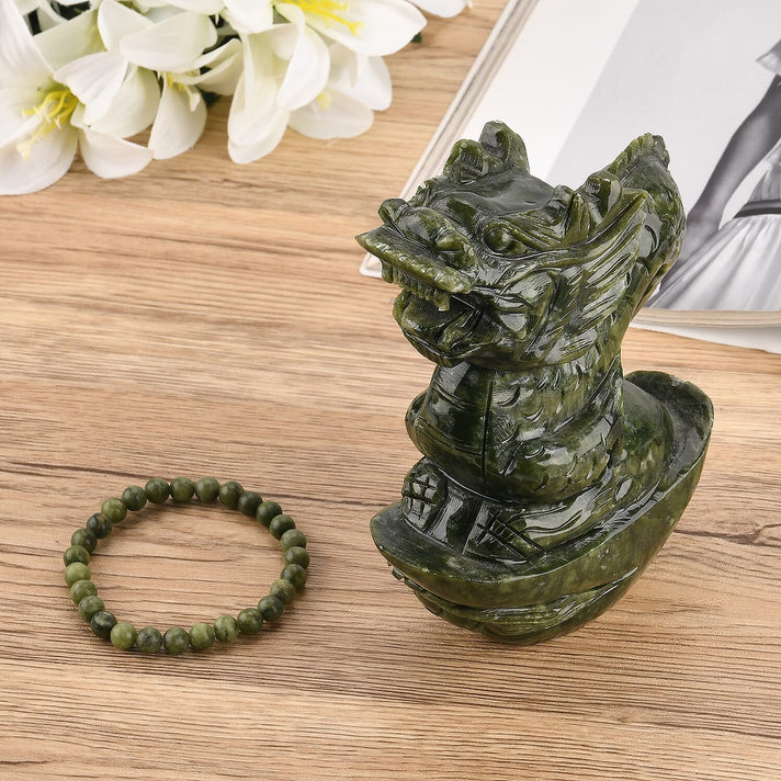 Set of 2 Collectors Edition - Serpentine (Chinese Jade) Carved Dragon Figurine with Bracelet (Size 7.5 Strechable) 7295.00 Ct. 4437808 2