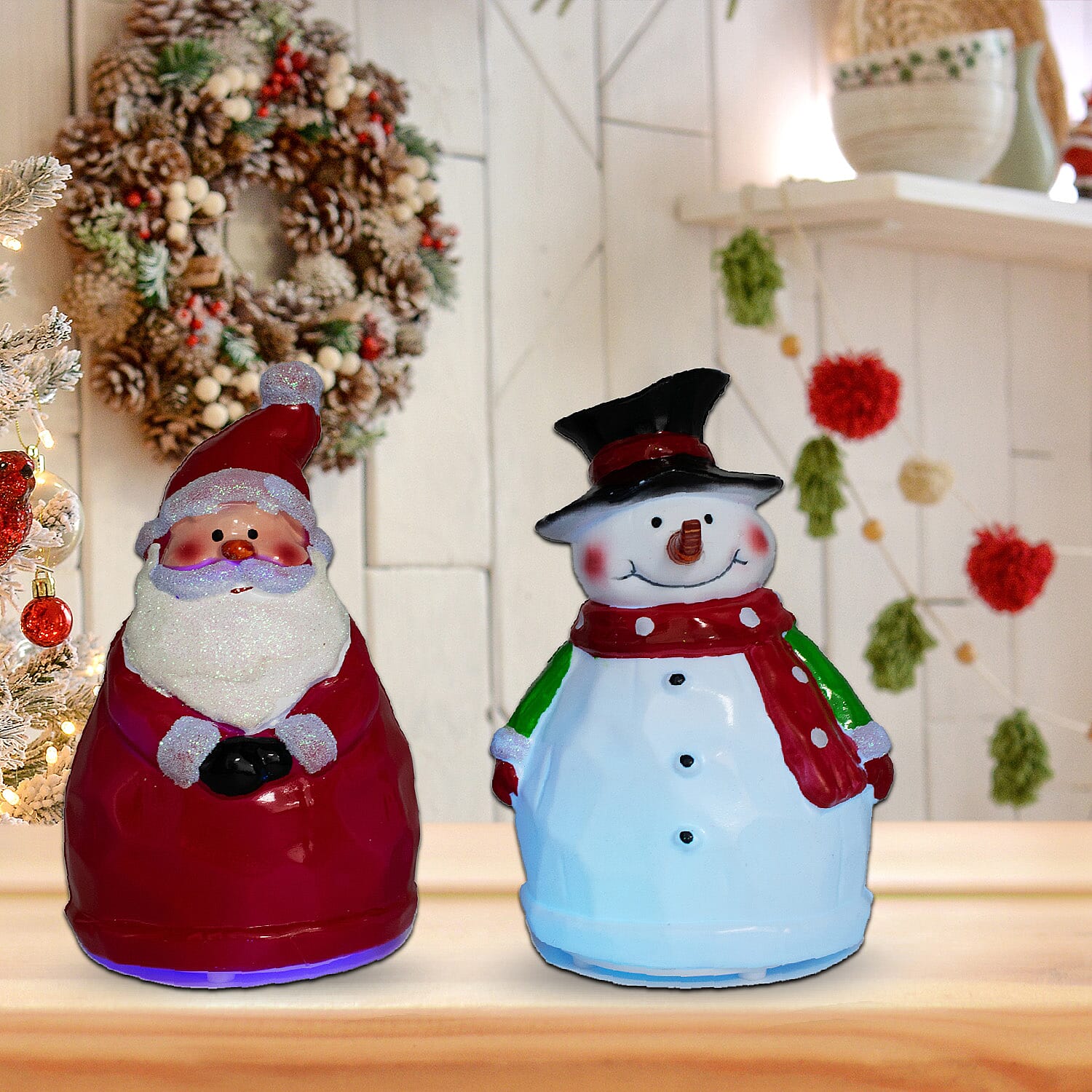 Set of 2 Colour Changing Santa and Snowman Christmas Decorations - Red &amp; White 7552044 1