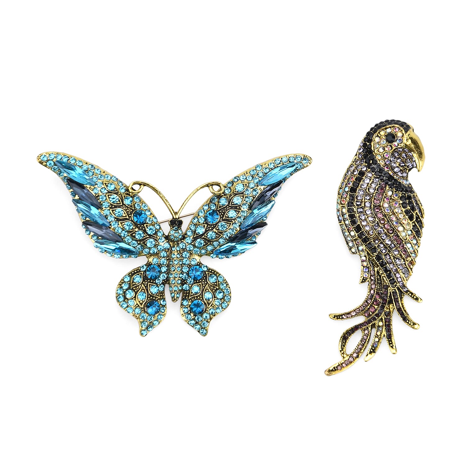 Set of 2 Parrot &amp; Butterfly Crystal Brooches - Multi Colour 8228198 0