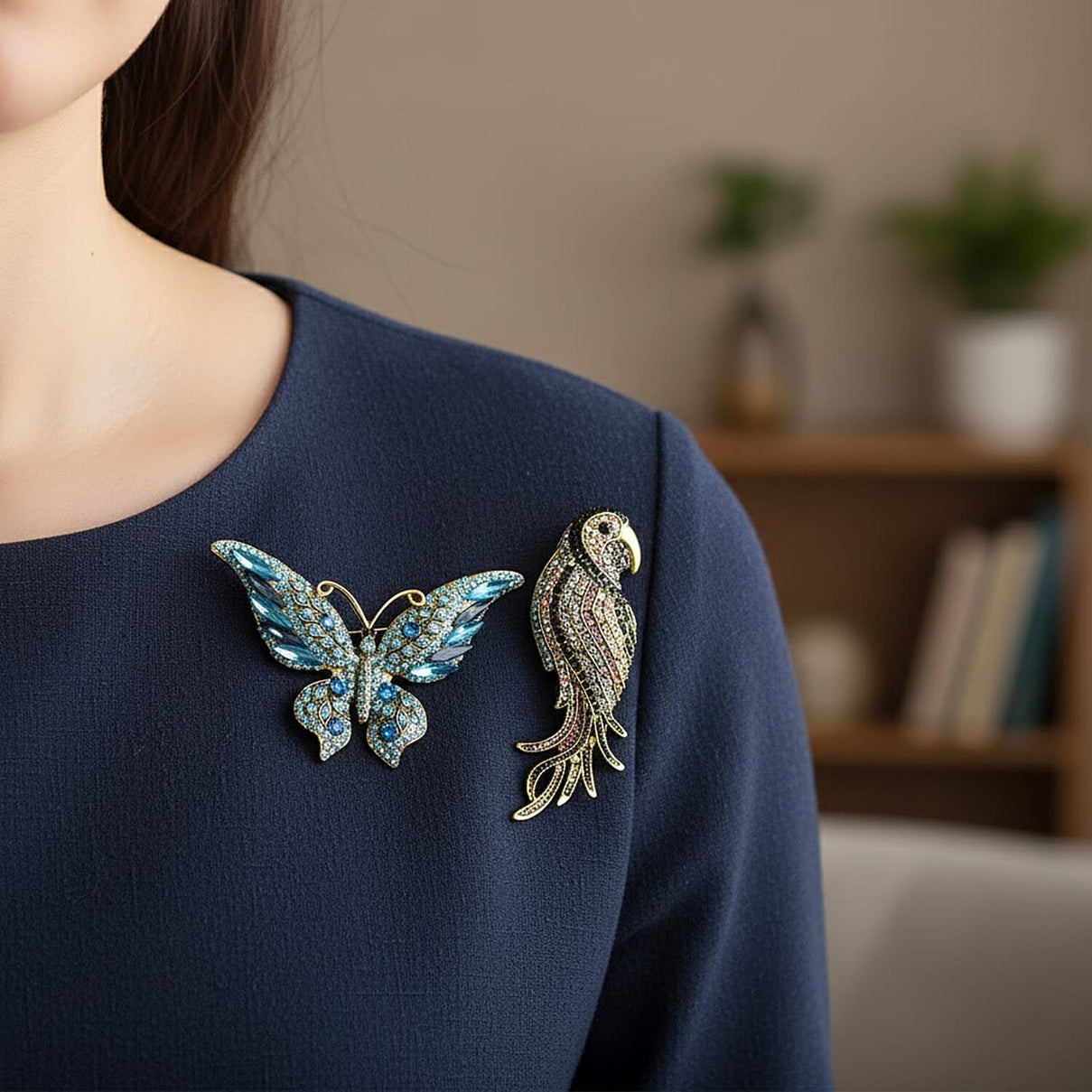Set of 2 Parrot &amp; Butterfly Crystal Brooches - Multi Colour 8228198 2
