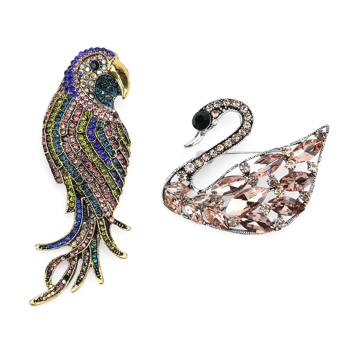 Set of 2 Swan &amp; Parrot Crystal Brooches - Multi Colour 8228109 0