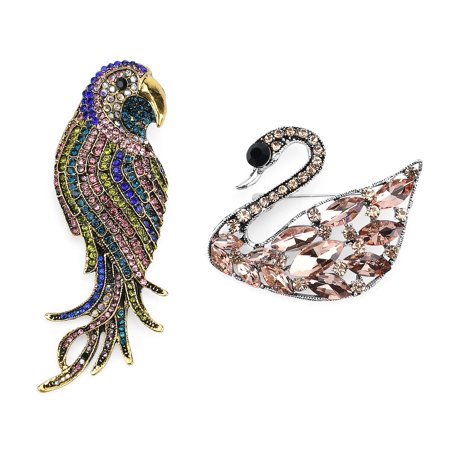 Set of 2 Swan &amp; Parrot Crystal Brooches - Multi Colour 8228109 0
