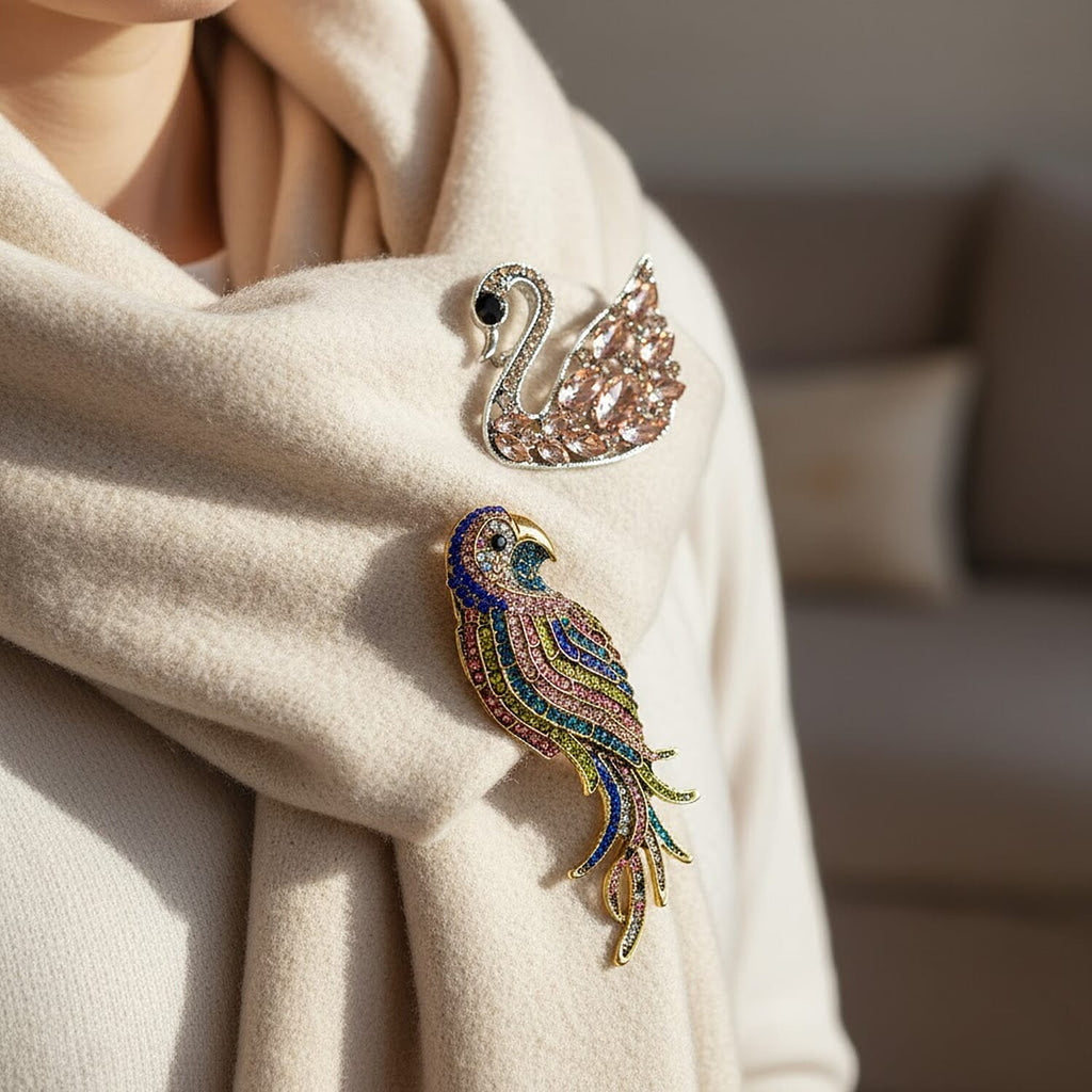 Set of 2 Swan & Butterfly Diamond Brooches - Multi Colour