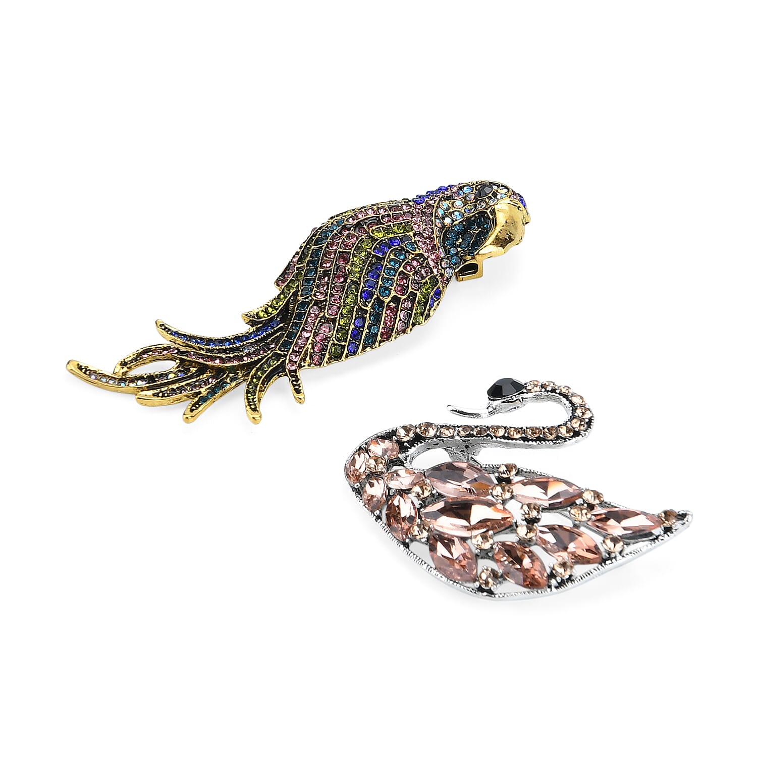 Set of 2 Swan &amp; Parrot Crystal Brooches - Multi Colour 8228109 3