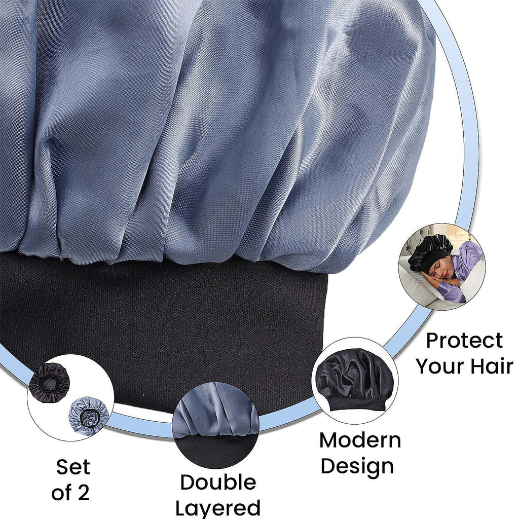 Set of 2 Double Layered Beauty Hair Bonnets (Size 21 Dia Cm) - Black & Silver