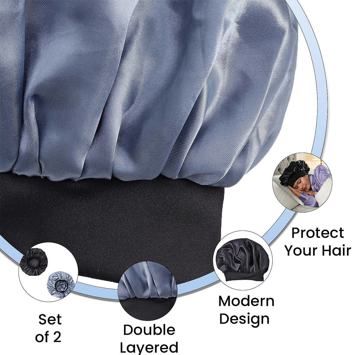 Set of 2 Double Layered Beauty Hair Bonnets (Size 21 Dia Cm) - Black &amp; Silver 7196303 4