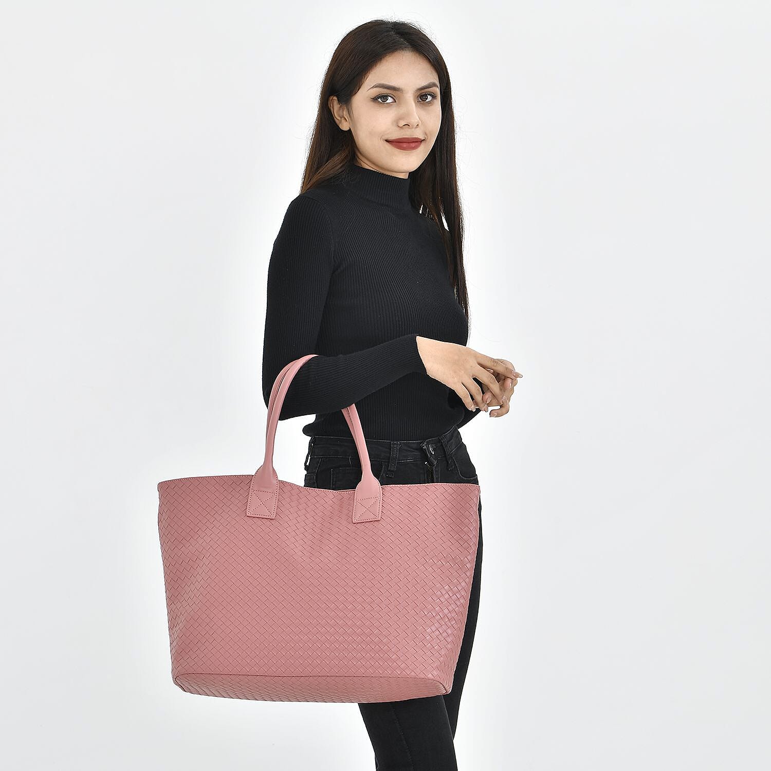 Designer Inspired - Embossed Weave Tote Bag and a Detachable  Pouch - Pink 7208957 1