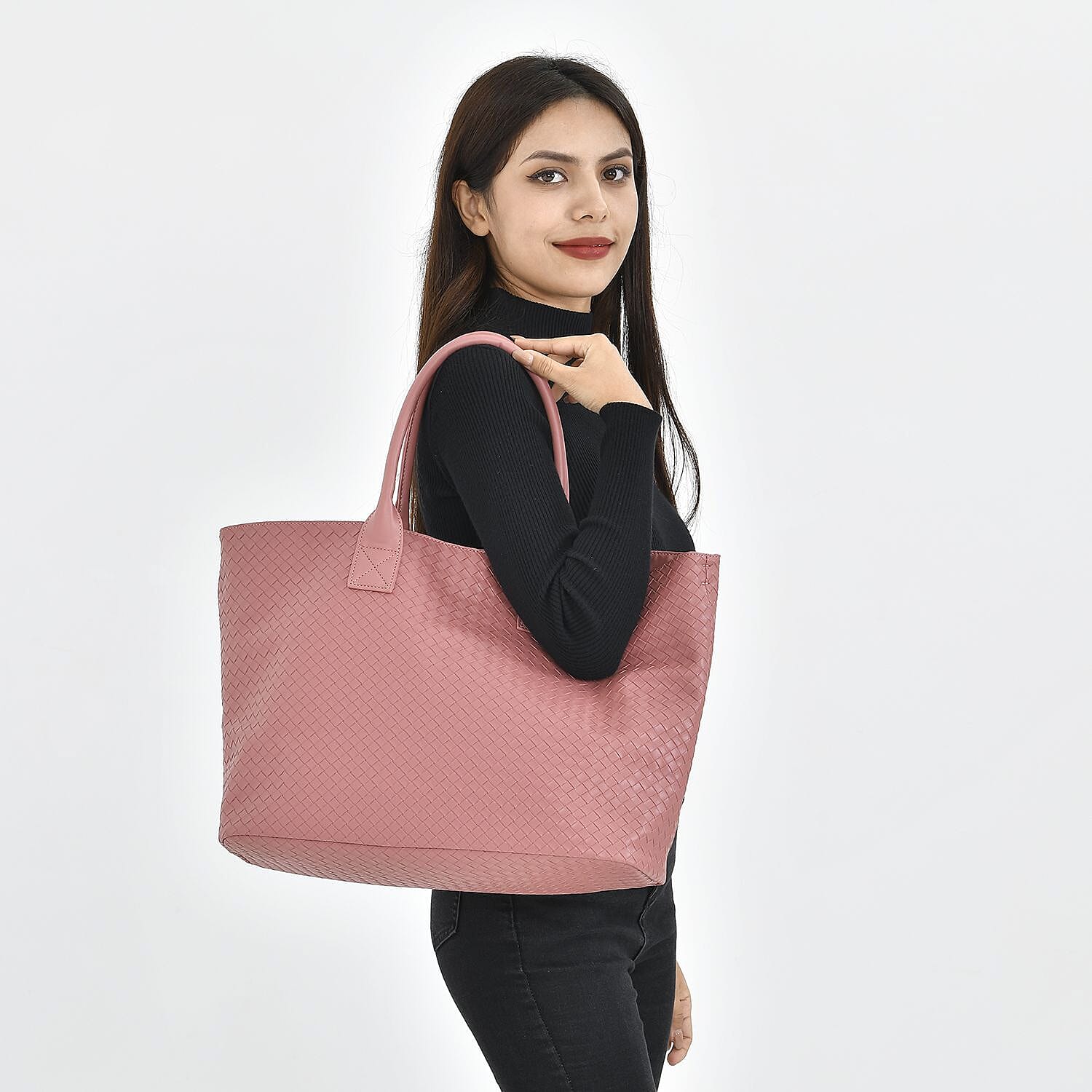 Designer Inspired - Embossed Weave Tote Bag and a Detachable  Pouch - Pink 7208957 2